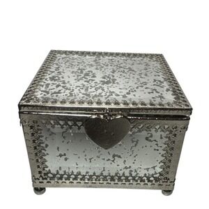 Nicole Miller Home Mirrored Glass Jewelry Box Heart Clasp Hinged Trinket Storage